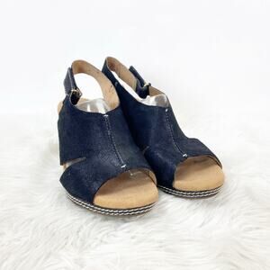 Clarks 9 Womens Black Nubuck Leather Float Helio Float Slingback Wedge Sandals